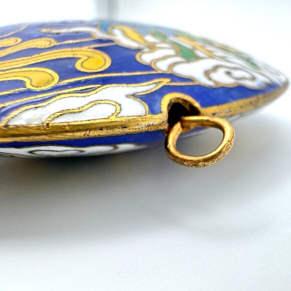 Cloisonne Vtg Enamel Dragon Blue Bead Clouds Fire 2" Diameter Gold-Tone Trim - Picture 4 of 7